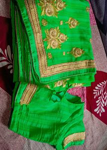 Parrot Green Zari Work Saree With Blouse