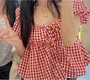 Red Gingham Puff Sleeve Top