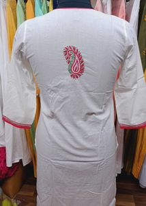 White CHIKANKARI EMBROIDERY KURTI Pink Threads