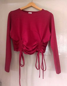 Burgundy Ruched Cropped Long Sleeve Top