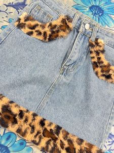 Y2K animal print fur denim skirt