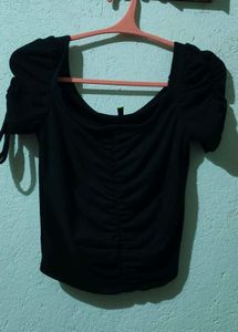 Black Ruched Puff Sleeve Top