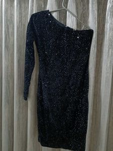 Sequins Work Black One Side Shoulder Party Dress