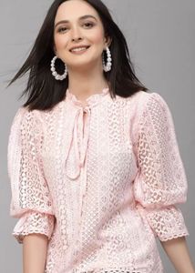 Pink Lace Tie-Neck Top
