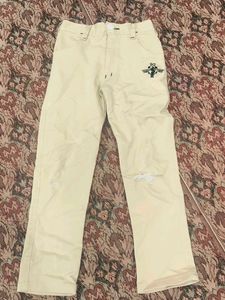 Beige Embroidered Jeans