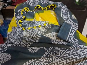 New Yellow&amp;Gray BlockPrint MulmulCotton Saree+Blou