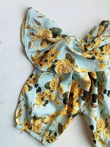 Blue Off Shoulder Crop Top With Yellow Floral Prin