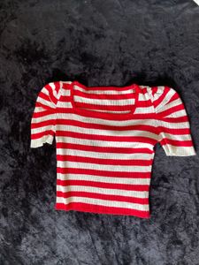 Retro Red &amp; Cream Striped Knit Square-Neck Top