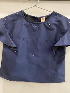Elegant Navy Blue Pearl Embellished Top with Ruffl