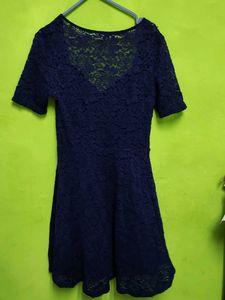 Backless Net Navy Blue Lace Fit &amp; Flare Dress