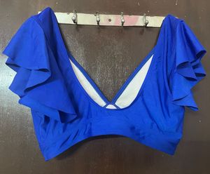 Blue Ruffle Sleeve Crop Top