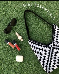Monochrome Granny Square Crochet Bag Handmade Tote