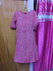 Red  Floral Embroidered Kurti Cotton