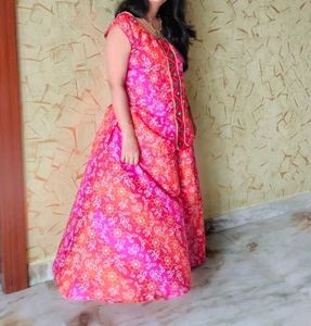 Red Floral Print Kurta Umbrella Plazo Set