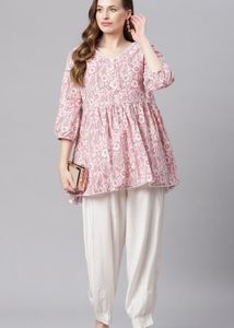 Pink And White Floral Print Pure Cotton Peplum Top