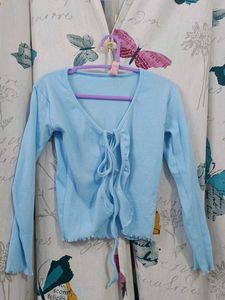Blue Knit Open Cardigan / Shrug With Front Tie Up
