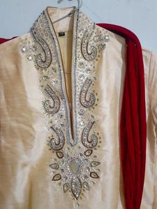 Elegant Embroidered Kurta with Red Shawl