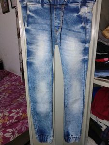Trendy Blue Faded Elastic Waist Jeans