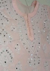 Chickenkari Mirror Work Pink And White Kurti Set
