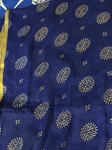 Blue Organza Silk Saree With Gold Floral Print