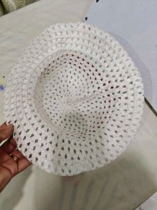 White Straw Hat with Red Ribbon