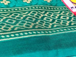 Green Cotton Printed Saree With Blouse &amp; Peticoat