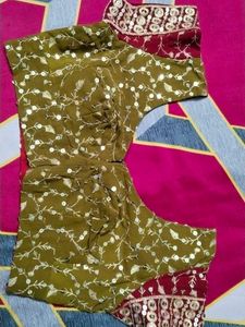 Olive Green Floral Embellished Saree