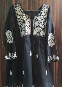 Black Short Kurti With White Thread Work