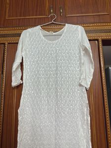 CHIKKANKARI WHITE LONG KURTI