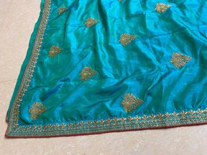 Teal &amp; Gold Embroidered Saree