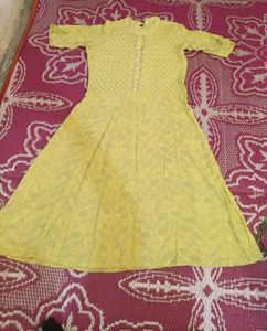 🌼 Yellow Printed Cotton Frock – Size S