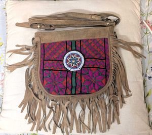 100% Suede Leather Boho Fringe Slig Bag