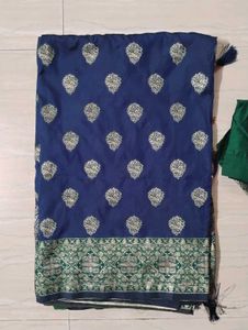 Elegant Navy Blue Saree With Bottle Green Blouse