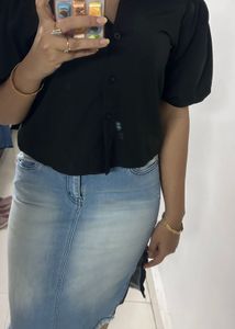 Stunning Royal Black Shirt And Denim Skirt