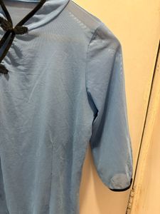 Beautiful Blue Mandarin Collar Mesh Top