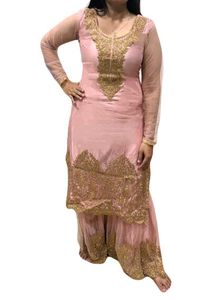 Elegant Pink &amp; Gold Kurta Sharara With Dupatta