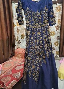 Navy Blue Designer Off-shoulder Gown With Zardosi
