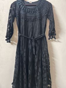 Black Partywear Net Dress With Pompoms