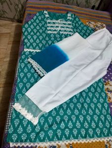Teal &amp; White Kurti Pant Set