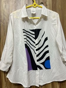 White Graphic Print Button-Down Shirt