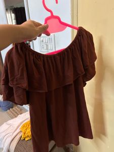Brown off-shoulder ruffle top