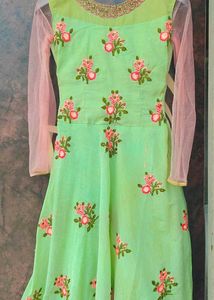 Mint Green Organza Anarkali  Floral Embroidered