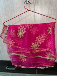Hot Pink Net Dupatta with Gold Embroidery & Lace