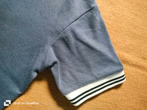 Blue Henley T-Shirt with Striped Trim