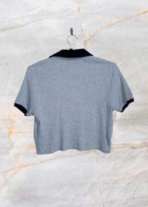 Grey Half Sleeve Crop Top With Collar