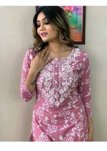 Pink Floral Embroidered Kurti Set Kurt For Women