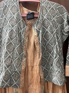 Elegant Peach &amp; Grey Ethnic Dress with Jacket
