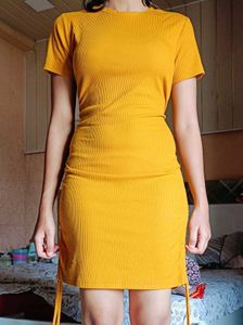 Mustard Ribbed Mini Dress(L)