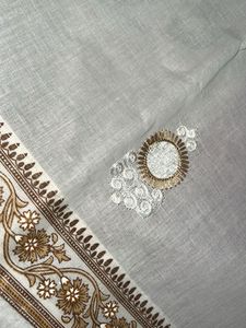 Brown Floral Bordered White Saree