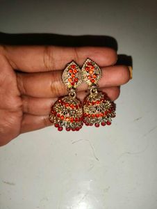 Red &amp; Gold Jhumka Earrings